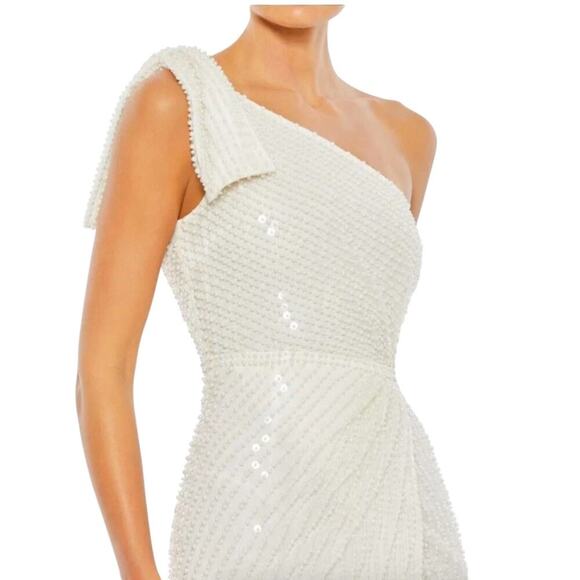 MAC DUGGAL Pearl Embellished Soft Tie One Shoulder White Evening Dress Gown sz 8 - Picture 3 of 8